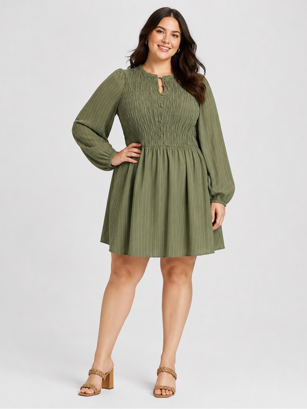 Ava & Viv Olive Green Pinstripe Smocked Bishop Sleeve Mini Dress NWT Plus Size